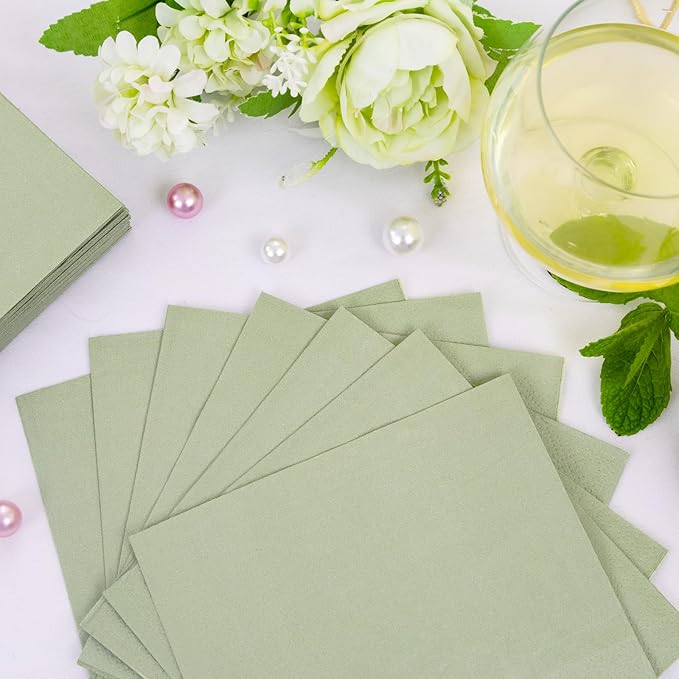 FLOWERCAT 100-Count 2-Ply Sage Green Napkins Cocktail Napkins - Green Beverage Napkins Disposable Premium Quality - 5" x 5" Paper Napkins for Party &Easter,Bar,Weddings,Birthday