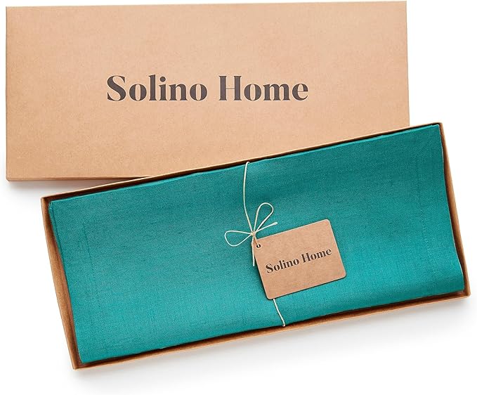 Solino Home Linen Teal Table Runner 120 Inches Long - 100% Pure Linen 14 x 120 Inch Table Runner for Dining - Fete, Handcrafted and Machine Washable