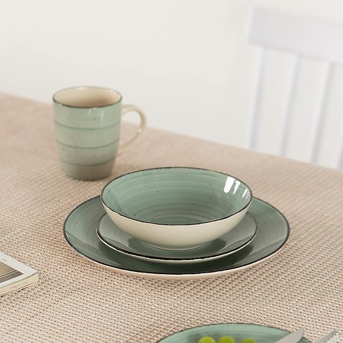 16 PC Spin Wash Dinnerware Dish Set for 4 Person | Mugs, Salad and Dinner Plates and Bowls Sets, Stylish Dishes with Highly Chip and Crack Resistant, Dishwasher and Microwave Safe, Green. QI004502.GN