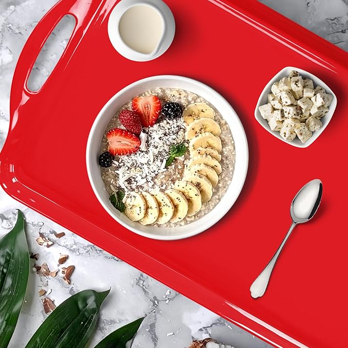 Extra Large Red/White Valentine Serving Tray with Handles, 19''x11.6'' Melamine Platters, Rectangular Trays for Serving Food, Turkey, Cookie, Cupcakes, Desserts, Dishwasher Safe, BPA-Free, Set of 2