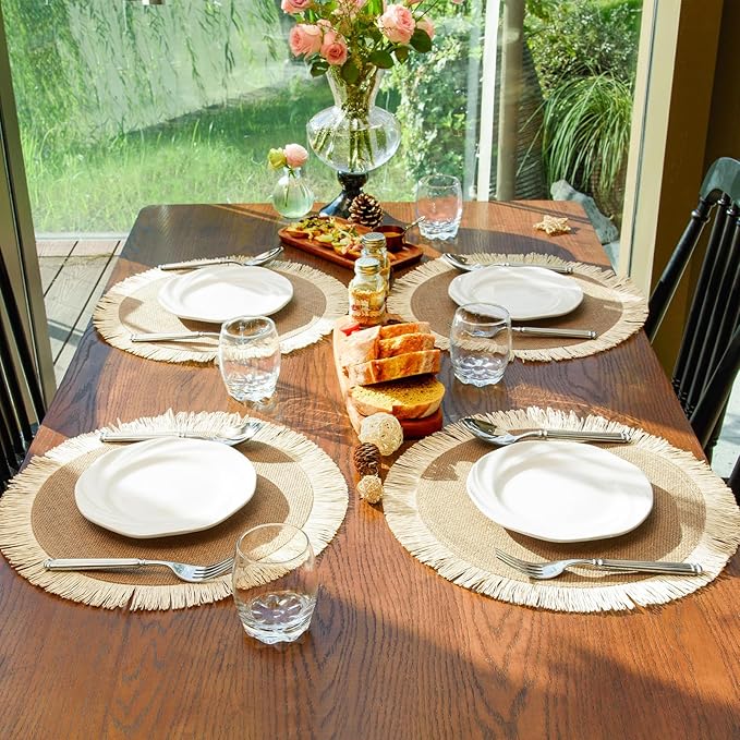 Round Burlap Placemats Set of 12 Jute Rustic Place Mats for Dining Tables Heat Resistant Natural Farmhouse Table Mats Decor for Thanksgiving (Sun Flower)