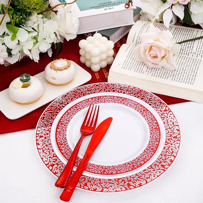 U-QE 150PCS Red Plastic Plates with Plastic Silverware, Red Disposable Plates Include 30 Dinner Plates 10.25", 30 Salad Plates 7.5",30 Forks,30 Knives,30 Spoons Perfect for Party