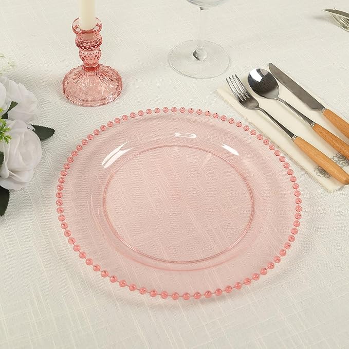 Efavormart 10 Pack Transparent Blush Plastic Dinner Plates with Beaded Rim, Round Disposable Party Plates - 10"