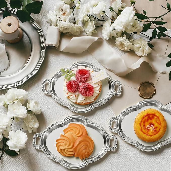 50 Pcs Oval Mini Baroque Dessert Display Tray Mini Elegant Plastic Serving Tray Small Cake Candy Plates for Weddings Party Bridal Baby Shower, Birthday, Candy Jars Decorations(Silver)