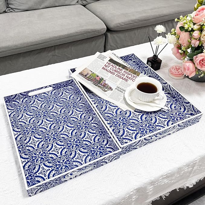 2 Pack Serving Tray with Handles, Rectangular Decorative Trays for Coffee Table, Modern Blue Plastic Ottoman Tray for Living Room, Bathroom, Kitchen, Decor, (Boho Blue)