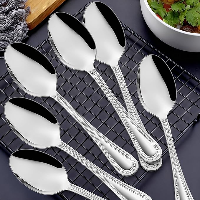 HaWare 6 Pieces Serving Spoons, Stainless Steel Silverware Serving Utensils, Pearled Edge Hostess Silverware for Buffet Party Kitchen Restaurant, Mirror Finished & Dishwasher Safe