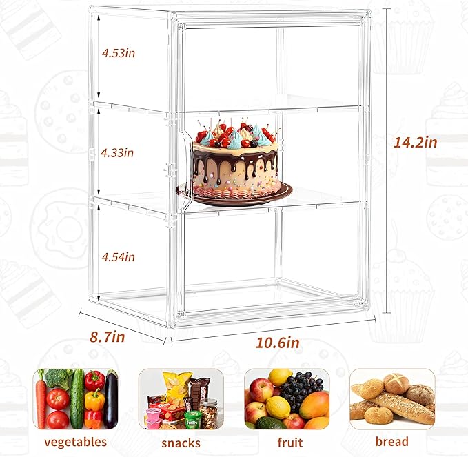 Pastry Display Case,Bread Box for Kitchen Countertop,3 Layers Adjustable Clear Bread Storage with Magnetic Door Small Bakery Pastry Display, 2 Pack