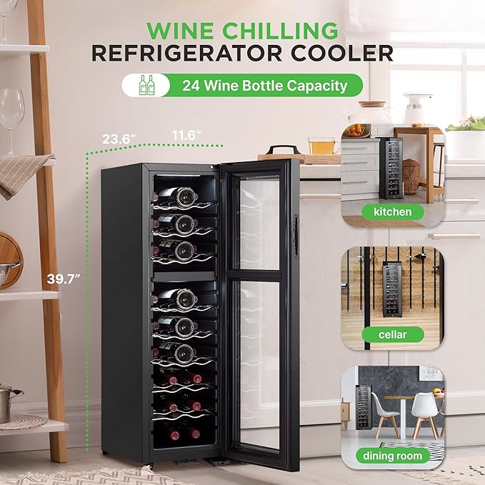 Nutrichef 24 Bottle Wine Fridge | Dual Zone Wine Chiller | Adjustable Temperature 41°F to 64°F | Ultra Quiet Operation | Wine Cooler For Home, & Office | Free Standing 39x11x23 IN (Black)
