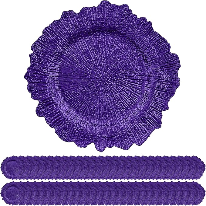 50 Pack Purple Charger Plates Bulk, 13" Plastic Reef Chargers for Dinner Plates, Round Charger Plate with Floral Reef Design for Dinner Wedding Party Table Setting Decoration