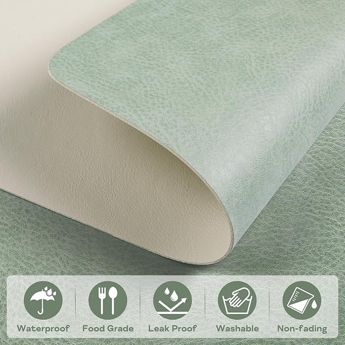 Faux Leather Placemats Set of 6 Table Mats Heat Resistant Reversible Place Mats, Waterproof Wipeable Dining Table Placemats for Home Party Outdoor, 16.9 x 11.8 Inch (Sage Green/White)