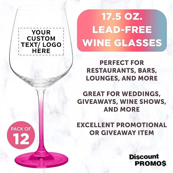 Custom Crystal Wine Glasses 17.5 oz Set of 12, Personalized Bulk Pack - Restaurant Glassware, Perfect for Red Wine or White Wine - Pink