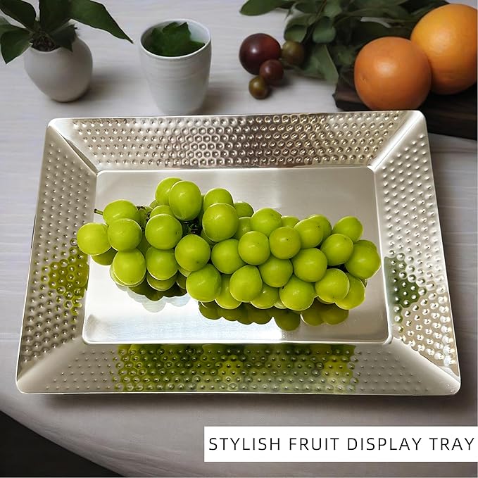 Stainless Steel Silver Serving Tray,Rectangle Hammered Metal Platters 2 Packs