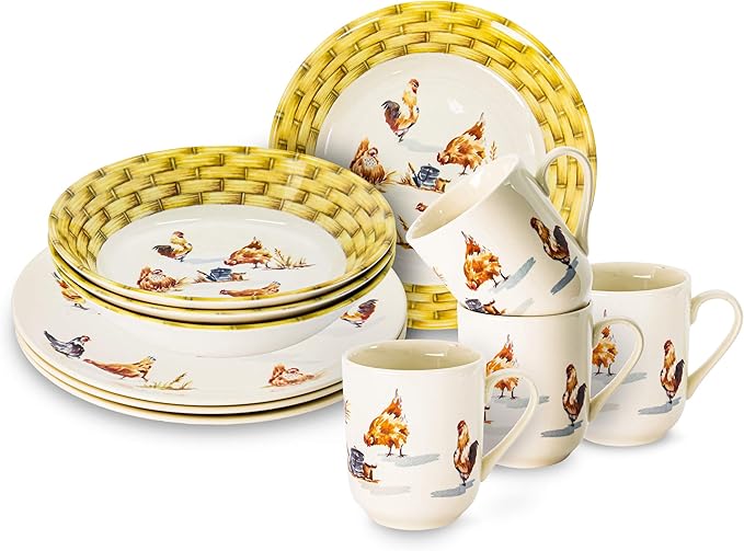 Tudor 16-Piece Premium Quality Round Porcelain Dinnerware Set, Service for 4 - Country Farmyard, See 10 Designs INSIDE!