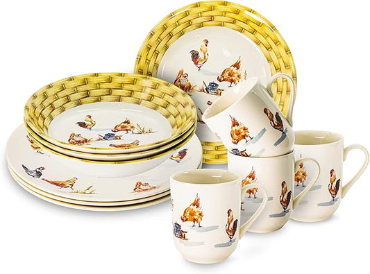 Tudor 16-Piece Premium Quality Round Porcelain Dinnerware Set, Service for 4 - Country Farmyard, See 10 Designs INSIDE!