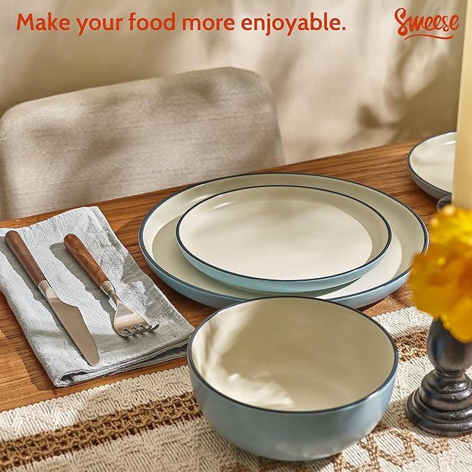 Sweese Dinnerware Sets Service for 6, 18 pcs Matte Glaze Plates and Bowls Sets, Handmade Porcelain Dish Set, Highly Chip and Crack Resistant Modern Dinner Set, Blue White