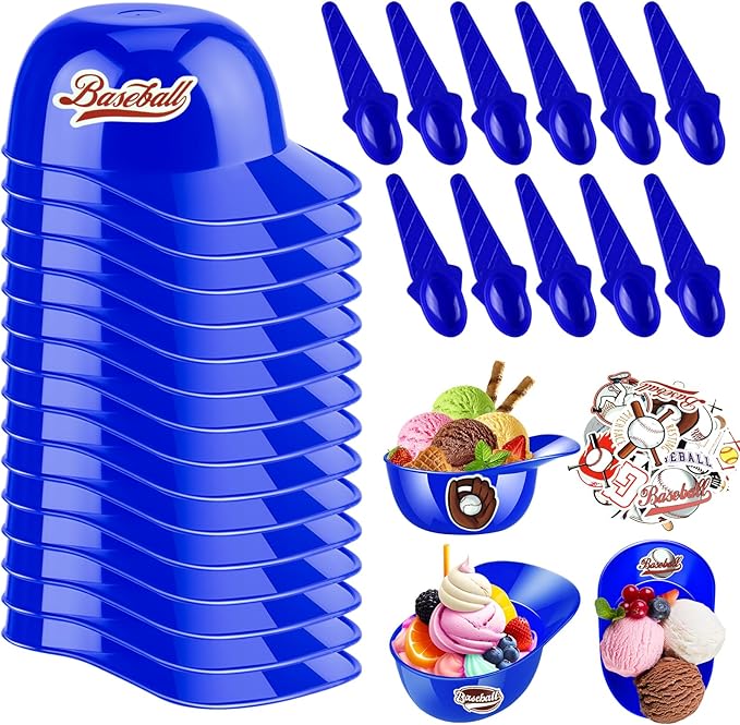 MEEZY 30 Set Baseball Helmet Ice Cream Bowls with 15 Mini Dessert Cups and 15 Spoons, 8oz Reusable Baseball Cap Snack Dessert Cup Bowls Baseball Party Favors for Kids Sports Birthday Party Supplies