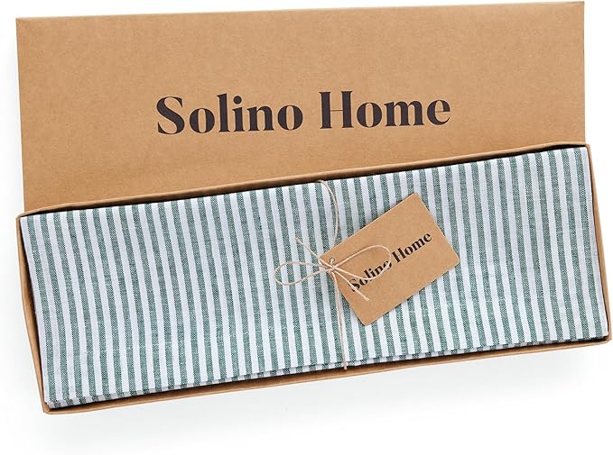Solino Home Linen Cloth Placemats Set of 4 - Narrow Stripe 100% Pure Linen Rainforest and White Farmhouse Placemats 14 x 19 Inch for Christmas, New Year