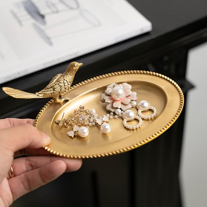 Bird Brass Jewelry Dish Tray,Gold Decorative Ring and Trinket Holder-Decorative Trinket Dish for Rings Earrings Necklaces Bracelet Watch Keys, Birthday Mother's Day Christmas Gift for Women