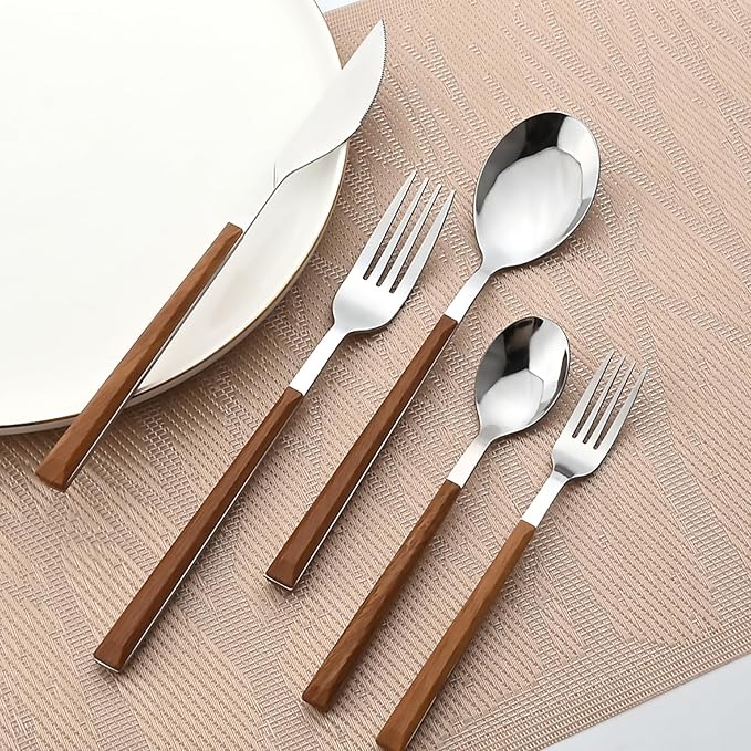 30pcs Wood Handle Flatware Set, Stainless Steel Cutlery Set Include Knife/Fork/Spoons, Mirror Polish, Service for 6 (Brown Silver)