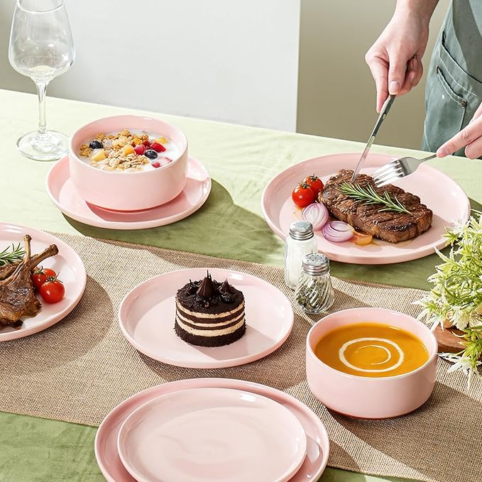 Salad&Dessert Plates,8 Inch Small Dinner Plates Sets for 4,Dishwasher & Microwave Safe,Porcelain Dinner Dishes for Cake, Fruits,Waffle, Pasta,Salad,Elegant Pink