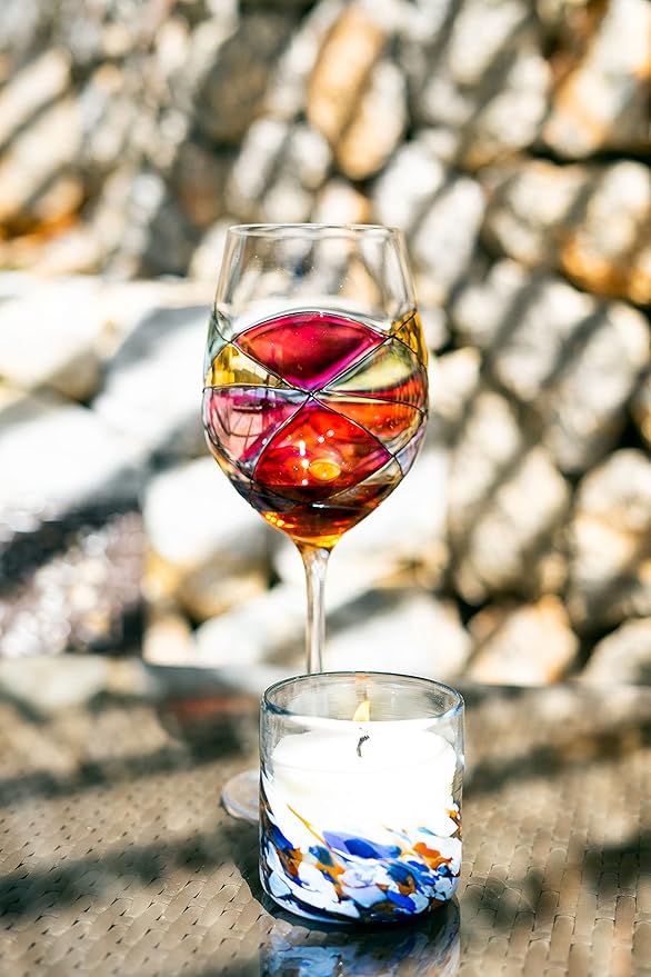 Sagrada Barcelona Large Wine Glasses 29 Oz Handmade Mouth Blown Unique Gift Mother's Day Birthdays Anniversaries Weddings Stained Glass Art (Set 1, Red)