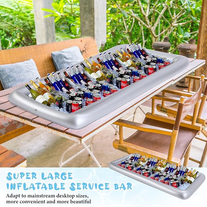 Large Inflatable Serving Bar 72 x 30 x 5'' Inflatable Ice Serving Buffet Bar with Drain Plug for Pool Outdoor Party Picnic (Silver, 1 Pack)