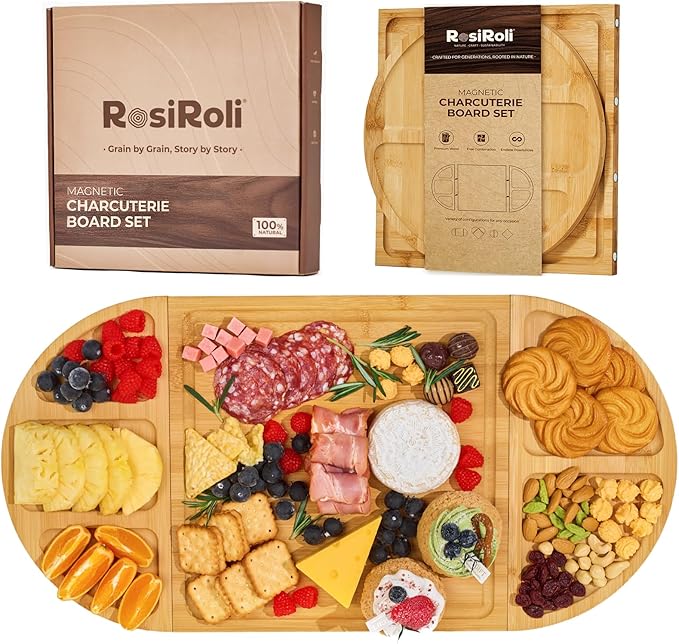 2Pack Charcuterie Board & Serving Set -Natural Bamboo Cheese Board with Magnetic Closure- Snack Tray Set, Perfert House Warming, Wedding & Couple Gift