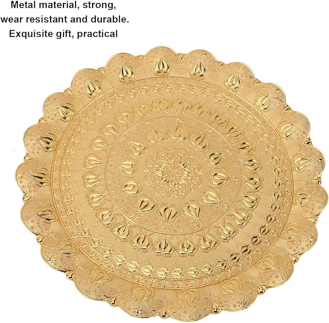 Turkish Tea Coffee Serving Tray, Vintage Style Round Coffee Plate, Embossed Pattern Metal Tray for Bar Outdoor Dresser Dessert, Multi Purpose Serving Tray for Coffee Tea Jewelry Co (Gold)
