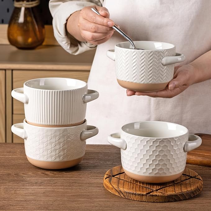 AmorArc 24 Ounces Soup Bowls with Large Handles and Lids, Stoneware Bowls Set of 2 for Soup,Stew, Noodle, Ceramic Kitchen Bowls With Embossed Patterns, Microwave&Dishwasher Safe, Light Beige
