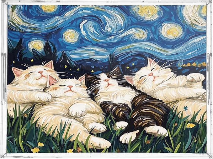 Serving Tray with Handles Clear Acrylic Tray 12x16 Inch Decorative Rectangular Tray Organizer for Ottoman Coffee Table Bathroom Starry Night Floral Ragdoll Cats Cartoon