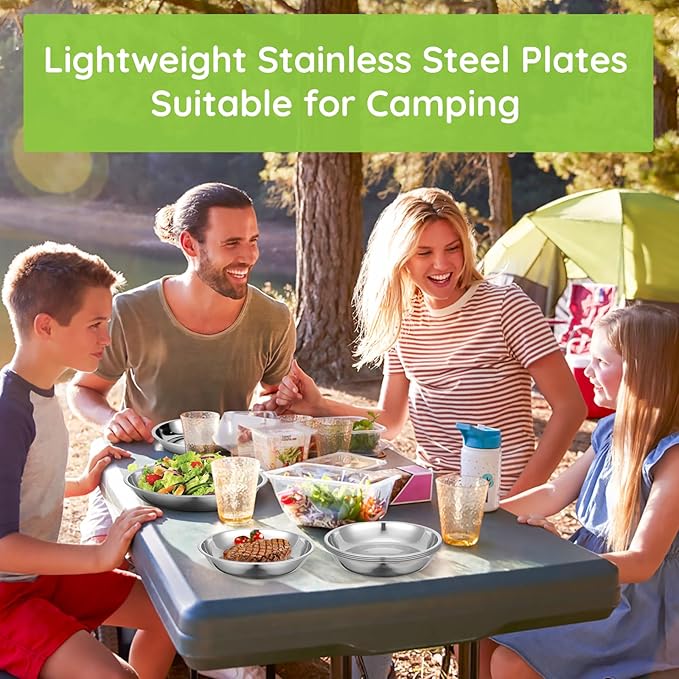 4 Patterned Deep Stainless Steel Plates, 7.8 inch 201 Metal Camping Plate, Reusable Food Serving Dish Snack Eating Dishes Round Shatterproof Silver BBQ Dinner Dinnerware Oven Dishwasher Safe