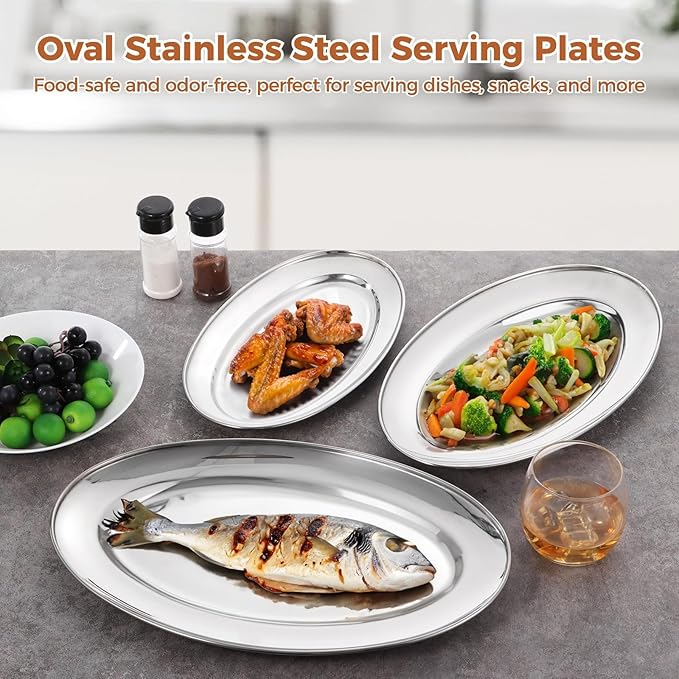 3 Oval Stainless Steel Serving Trays Set, Mirror Polished Food Tray for Dinners, Parties, Waiter'S Tray, Sizzling Platters for Restaurants