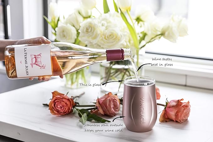 Vinglacé Wine Bottle Chiller Gift Set- Portable Stainless Steel Wine Cooler with 2 Stemless Wine Glasses, Rose Gold