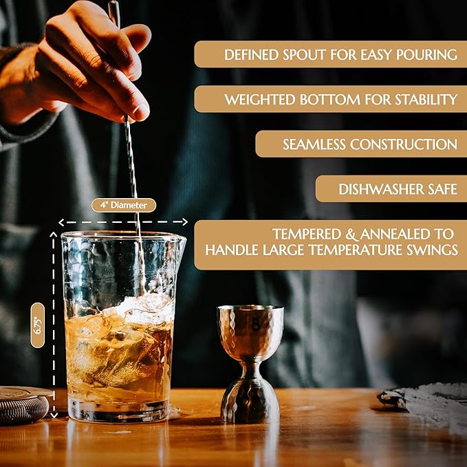 4 Piece Cocktail Kit by Bull In China - 100% Brass Premium Bartender Gift Set Includes Flagship Mixing Glass, 12 inch Barspoon, Bell Jigger & Hawthorne Strainer For Professional & Home Bars (Brass)