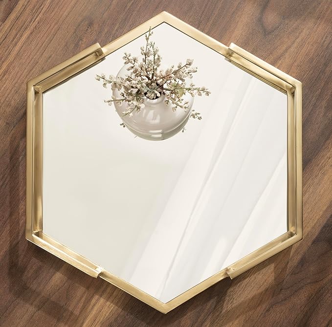 Kate and Laurel Gohana Mirrored Hexagon Tray with Gold Metal Handles, 16 x 18, Mirrored Glass and Gold, Modern Glam Serving Tray with Handles for Living Room Decor