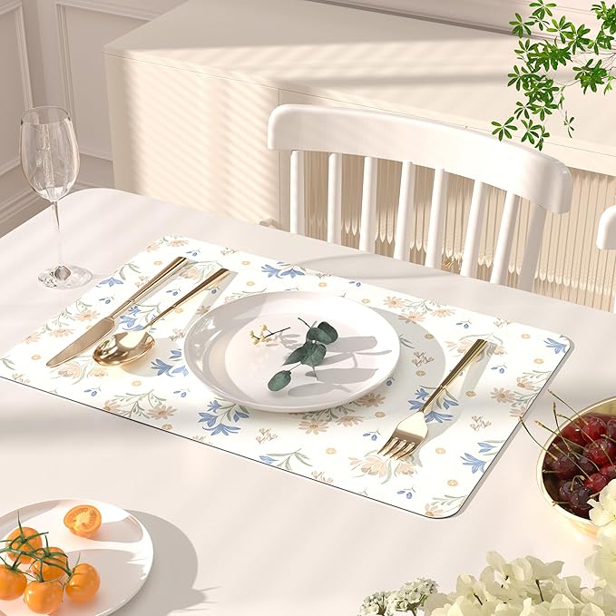 QIYI Placemats Set of 6, 12x18 Inch PU Leather Place Mats for Kitchen Dinning, Heat Resistant Anti Slip Floral Table Mats, Waterproof Wipeable Washable Placemat Party Table Décor, Minimal Flowers