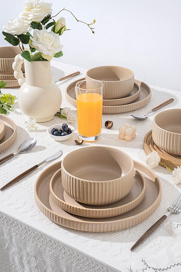 Dinnerware Sets for 4,Microwave Safe Plates and Bowls Sets,12 Piece Dylan Dish Set,Reactive Glaze Stoneware Dinnerware Set (Matte Reactive Khaki Beige, Service for 4 (12pcs))