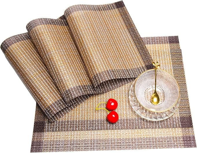 Placemats,PlasticVinyl Washable Heat-Resistant Durable PVC Non-Slip Woven for Kitchen Dining Table Mats (Set of 4, Coffee Gold Silver)