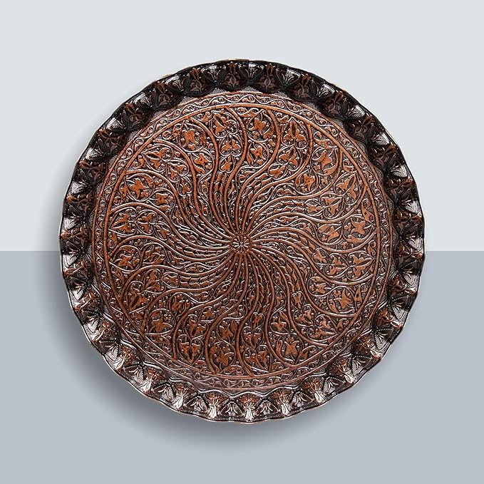 Alisveristime Turkish Ottoman Coffee Tea Serving Tray – 11.8 Inches, Wavy Zamac Tray with Traditional Motifs, Available in Five Color Variations (Copper)