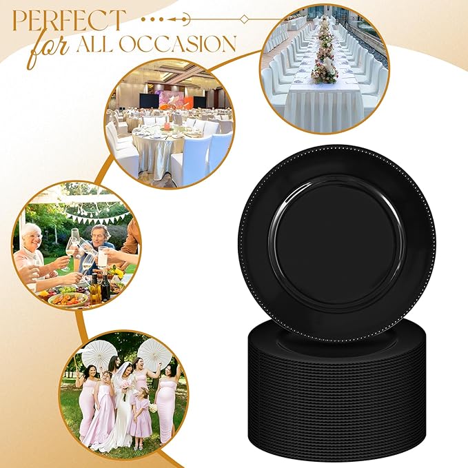 fani 50 Pcs Black Charger Plates Bulk, 13'' Round Beaded Dinner Charger Plates, Plastic Reusable Vintage Table Decoration for Wedding, Party, Reception, Event, Holiday Supplies