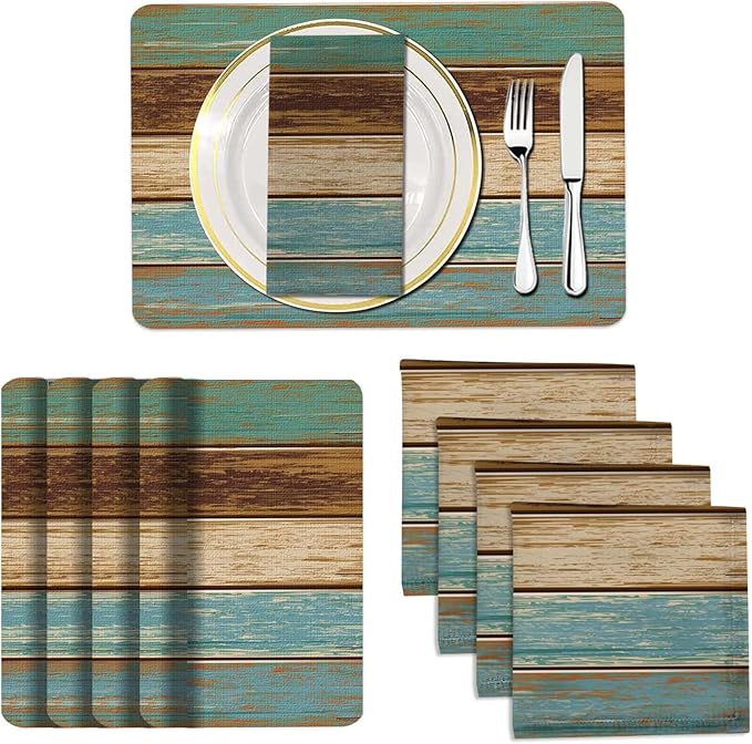 Mcalk 4 Each Farmhouse Teal Placemats and Cloth Napkins Set of 8, Modern Art Placemat, Rustic Country Cloth Napkin for Home Kitchen Decor (Placemats 18 "x12 Napkins 18 "x18)