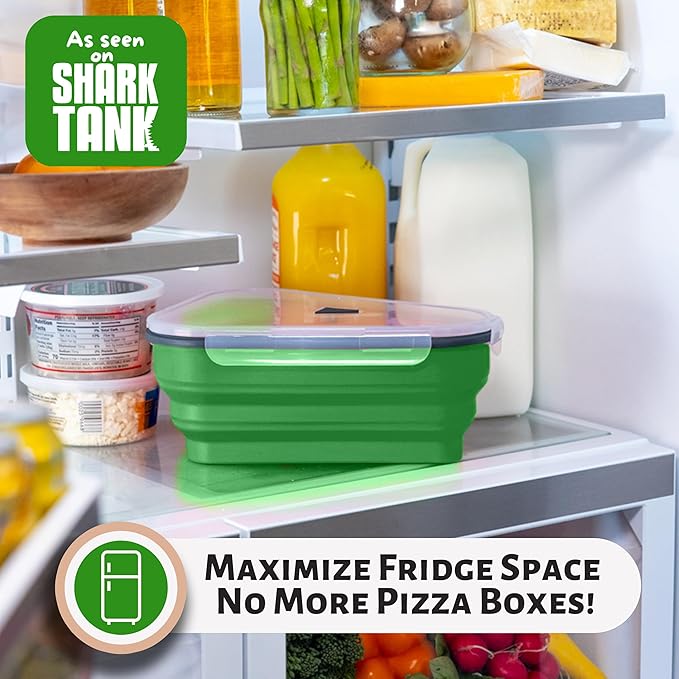 PIZZA PACK The Perfect Reusable Pizza Storage Container with 5 Microwavable Serving Trays - BPA-Free Adjustable Pizza Slice Container to Organize & Save Space, 2 Pack, Green