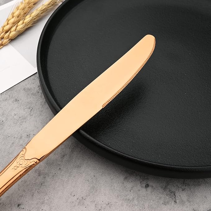 Mirror Polished Copper Silverware Set, 24-Piece 18/10 Stainless Steel Rose Gold Flatware Set Service for 6, Kitchen Utensil Set, Tableware Cutlery Set for Home and Restaurant Dishwasher Safe