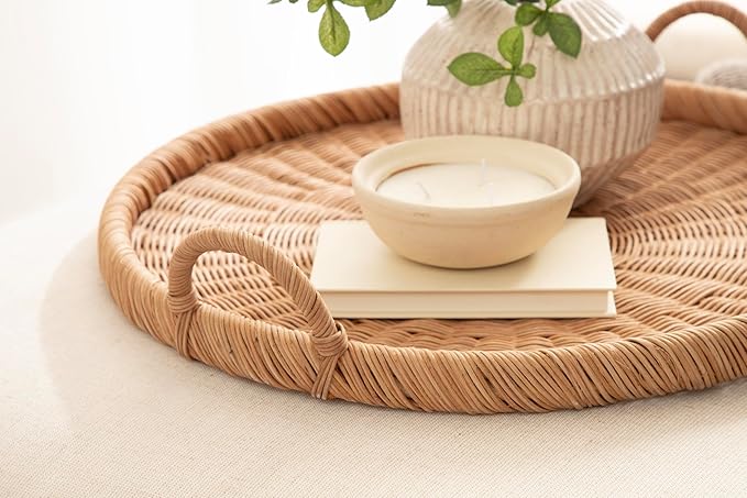 Kate and Laurel Cormont Modern Round Woven Rattan Tray with Handles; 23 Inch Diameter; Natural Rattan; Decorative Circle Boho Tray for Use as Versatile Ottoman Tray or Serving Platter
