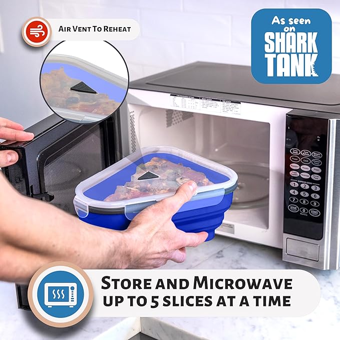 PIZZA PACK The Perfect Reusable Pizza Storage Container with 5 Microwavable Serving Trays - BPA-Free Adjustable Pizza Slice Container to Organize & Save Space, 2 Pack, Blue