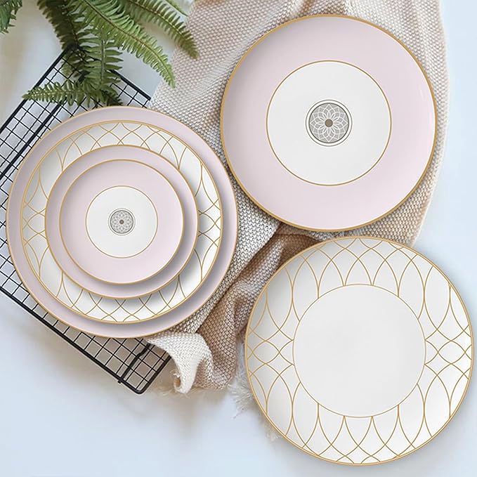 gold trim dinnerware set service for 4, 16 pieces pink and white ceramic plate set, luxury bone china dishes sets for wedding, anniversary, fine dining present