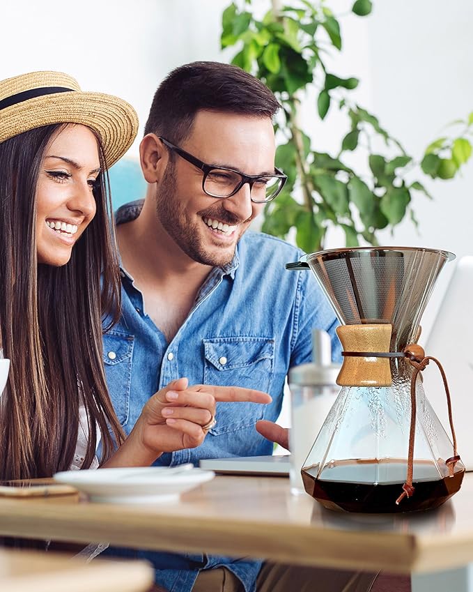 AGOGO Pour Over Coffee Maker Glass - 6/8/10 Cup Barista Kit with 304 Stainless Filter for Home, Office, Camping, Cafes - Easy Clean Coffee Dripper Set (Rag&Brush Included) (10 Cup/34 oz-Diamond Shape)
