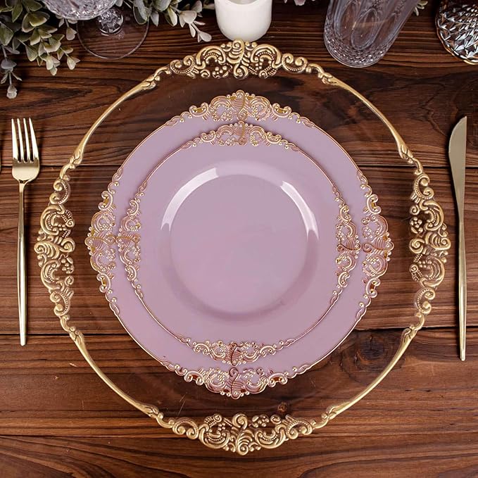 10" Dinner Plates -Set of 30 - Plastic Lavender Lilac Round Baroque Disposable Chargers Leaf Embossed Rim, Ideal for Dinner Party Wedding Bulk Events