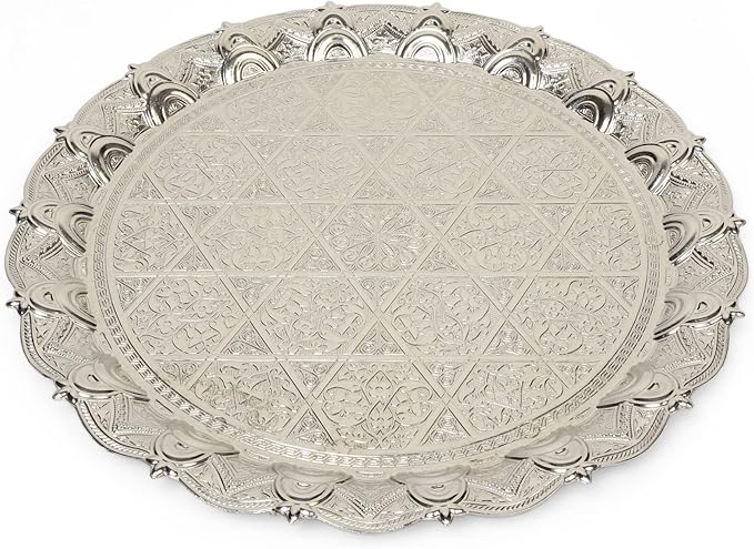 Alisveristime Turkish Ottoman Coffee Tea Beverage Serving Zamac Tray (34cm - 13,38inch) (750 Gram - 1,65 pounds) (Silver)