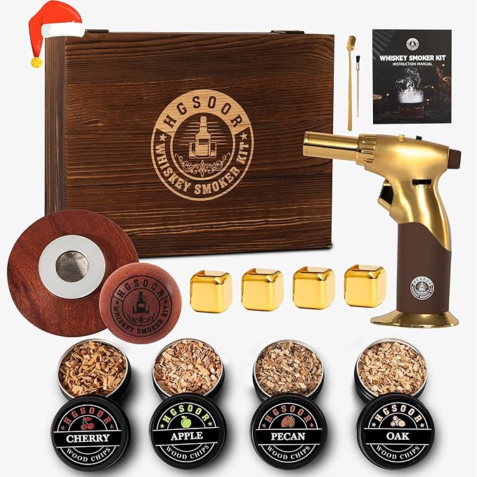 Whiskey Smoker Kit - Old Fashioned Drink Smoker Kit - Cocktail Smoker Kit with Torch, 4 Flavors Wood Chips&Whisky Stones, Bourbon Smoker Kit, Bourbon Whiskey Gifts for Men,Dad (No Butane)